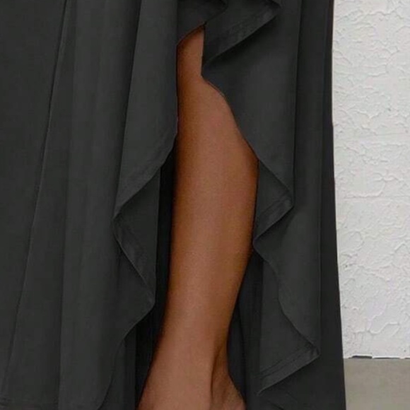 Solid Black High Waisted Stretchy Wide Leg Ruffle Pants - Picture 6 of 6